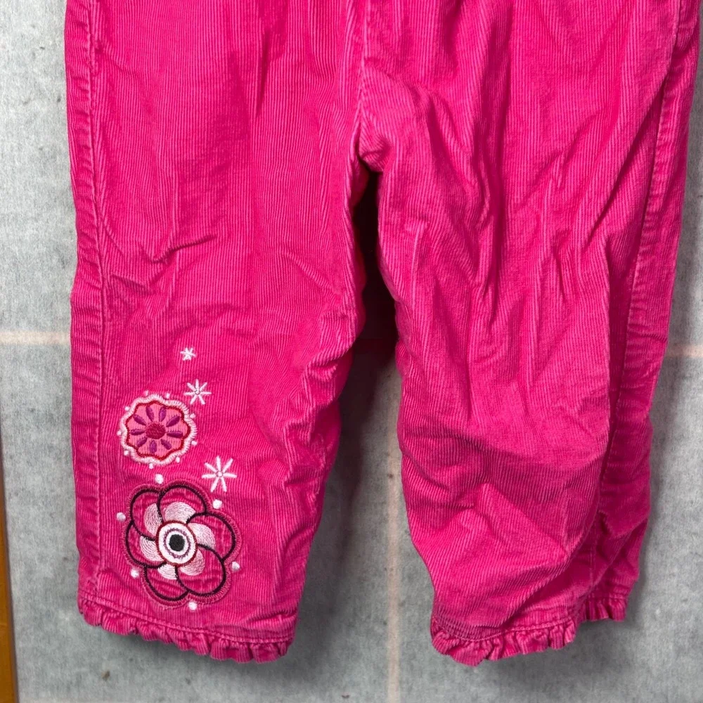 OshKosh Bgosh Corduroy Overalls Baby Girls 12M Pink Floral Embroidery Ruffle Hem